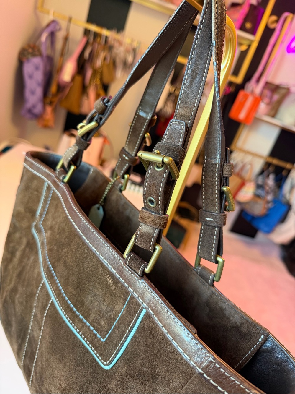 🤎 Vintage Coach Brown Suede Turnlock Tote Shoulder Bag Aqua Blue Lining Leather - Picture 13 of 17